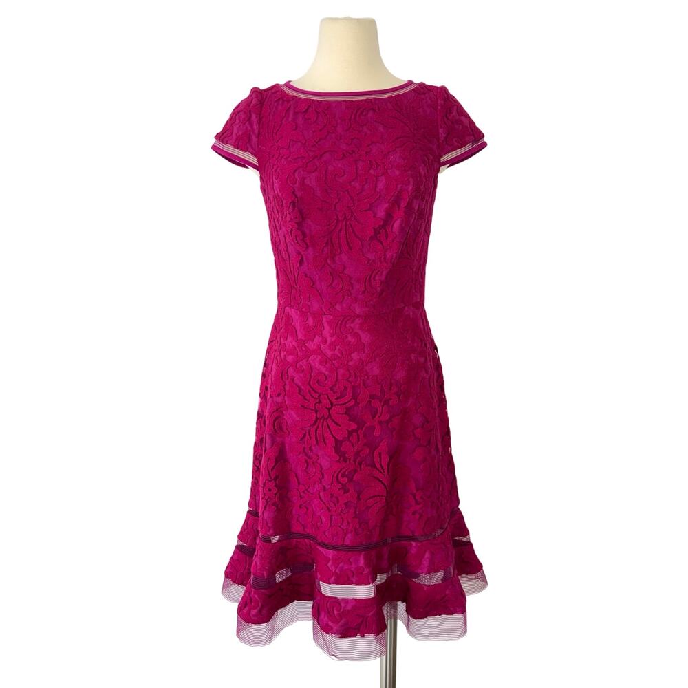 Tadashi Shoji Fit and Flare Cap Sleeve Cocktail Lace Dress Magenta Pink Size 4
